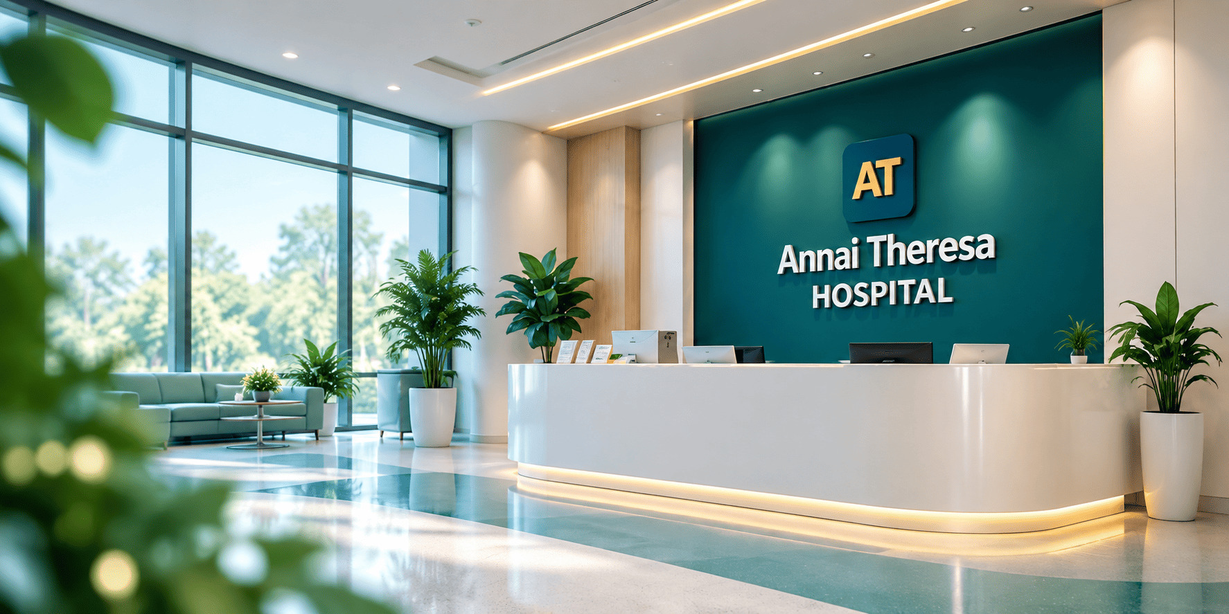 Reception desk and lobby at Annai Theresa Hospital, Medavakkam, Chennai
